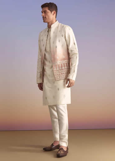 Onion Pink Silk Kurta Jacket Set For Men With Applique Work