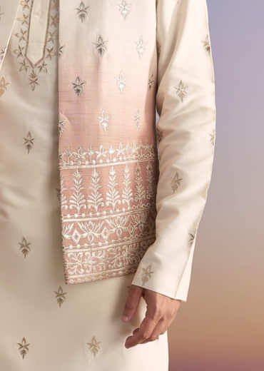 Onion Pink Silk Kurta Jacket Set For Men With Applique Work