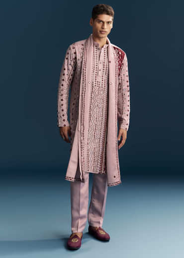 Onion Pink Silk Kurta Set For Men With Mirror And Thread Work