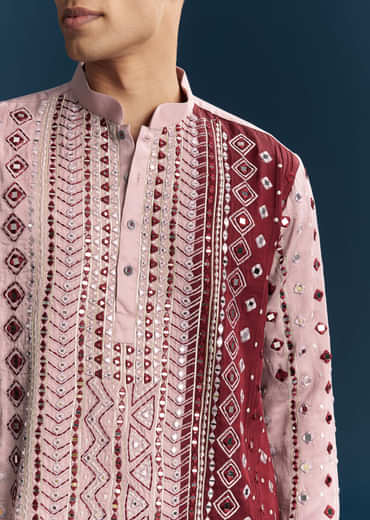 Onion Pink Silk Kurta Set For Men With Mirror And Thread Work