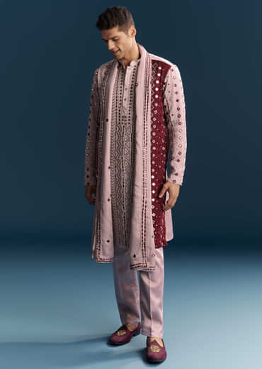 Onion Pink Silk Kurta Set For Men With Mirror And Thread Work