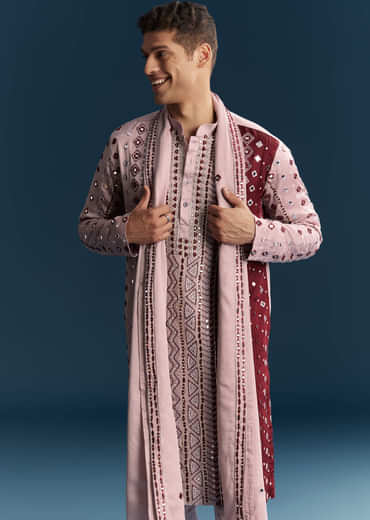 Onion Pink Silk Kurta Set For Men With Mirror And Thread Work