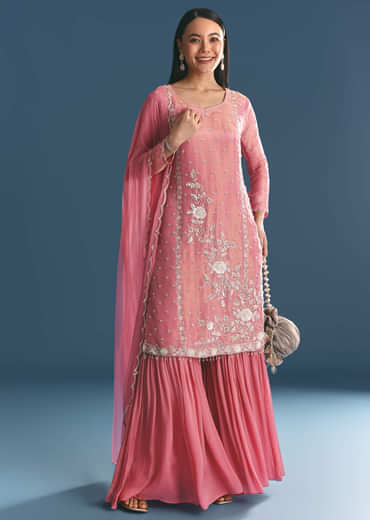 Pink Tissue Kurta Sharara Suit With Moti Cut Dana Work