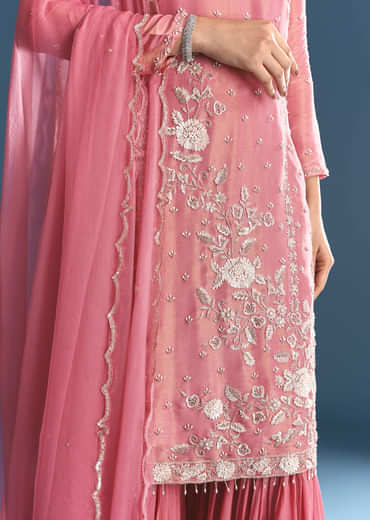 Pink Tissue Kurta Sharara Suit With Moti Cut Dana Work