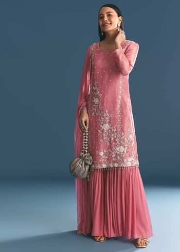 Pink Tissue Kurta Sharara Suit With Moti Cut Dana Work