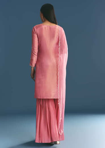 Pink Tissue Kurta Sharara Suit With Moti Cut Dana Work
