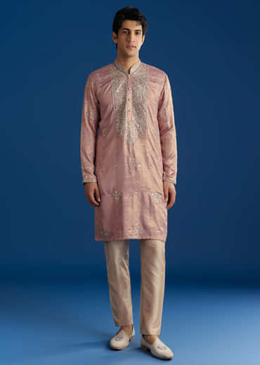 Onion Pink Tissue Kurta Set With Embroidered Yoke