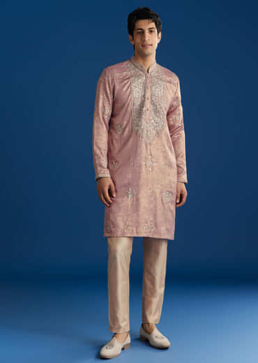 Onion Pink Tissue Kurta Set With Embroidered Yoke