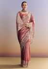 Onion Pink Tissue Saree With Detailed Floral Embroidered Border