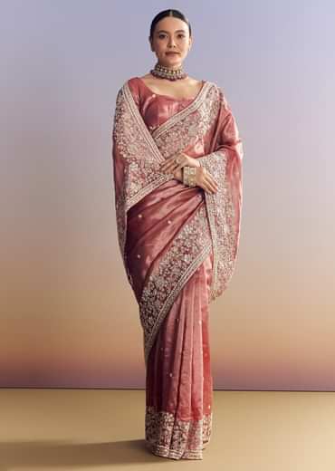 Onion Pink Tissue Saree With Detailed Floral Embroidered Border