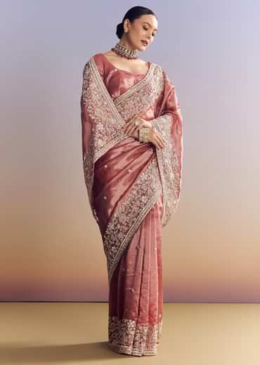 Onion Pink Tissue Saree With Detailed Floral Embroidered Border