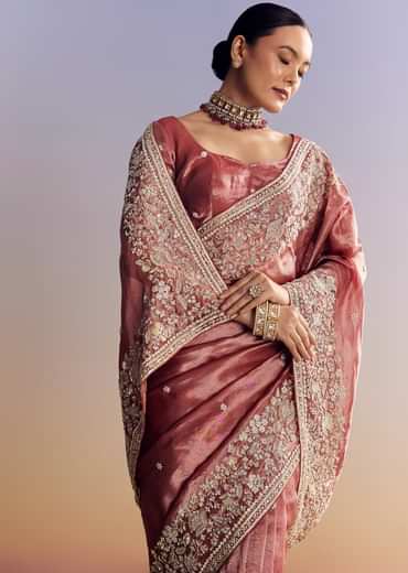 Onion Pink Tissue Saree With Detailed Floral Embroidered Border