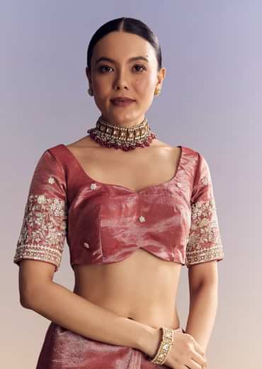 Onion Pink Tissue Saree With Detailed Floral Embroidered Border