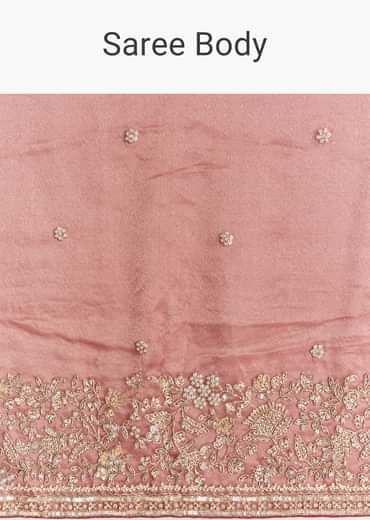 Onion Pink Tissue Saree With Detailed Floral Embroidered Border