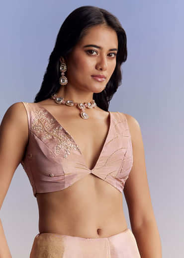 Onion Pink Tissue Saree With Gota Patti Moti And Cutdana Scallop Border