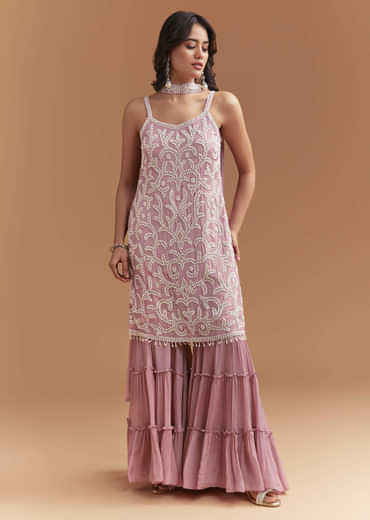Onion Pink Chinon Sharara Suit With Cutdana And Moti Work