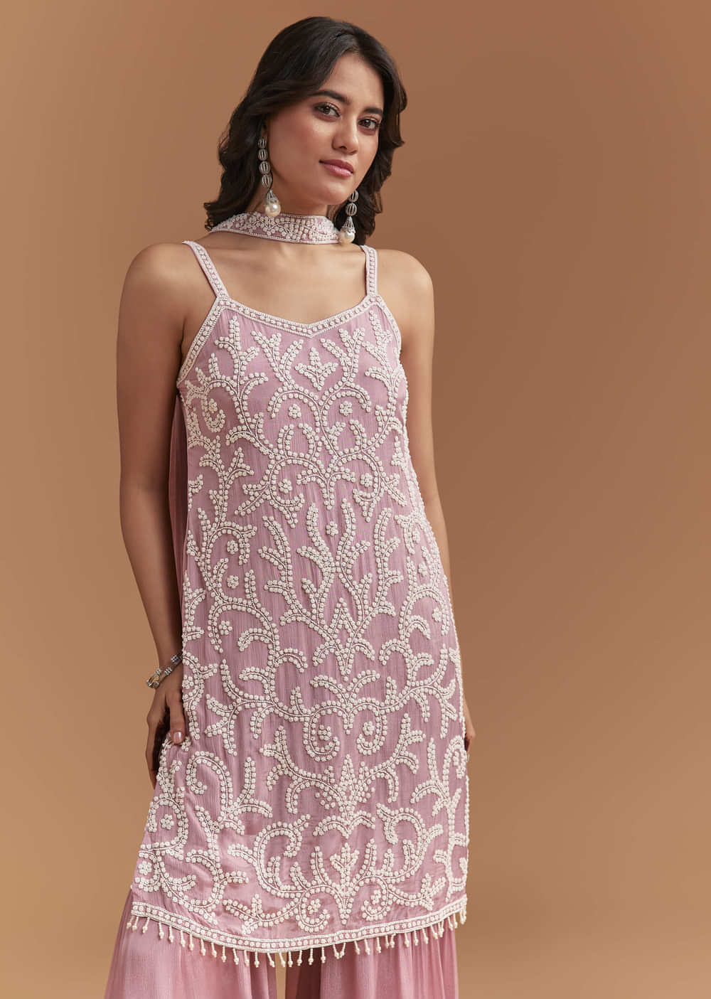 Onion Pink Chinon Sharara Suit With Cutdana And Moti Work