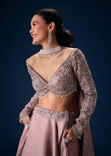 Onion Pink Embroidered Blouse With Lehenga And Choker Dupatta