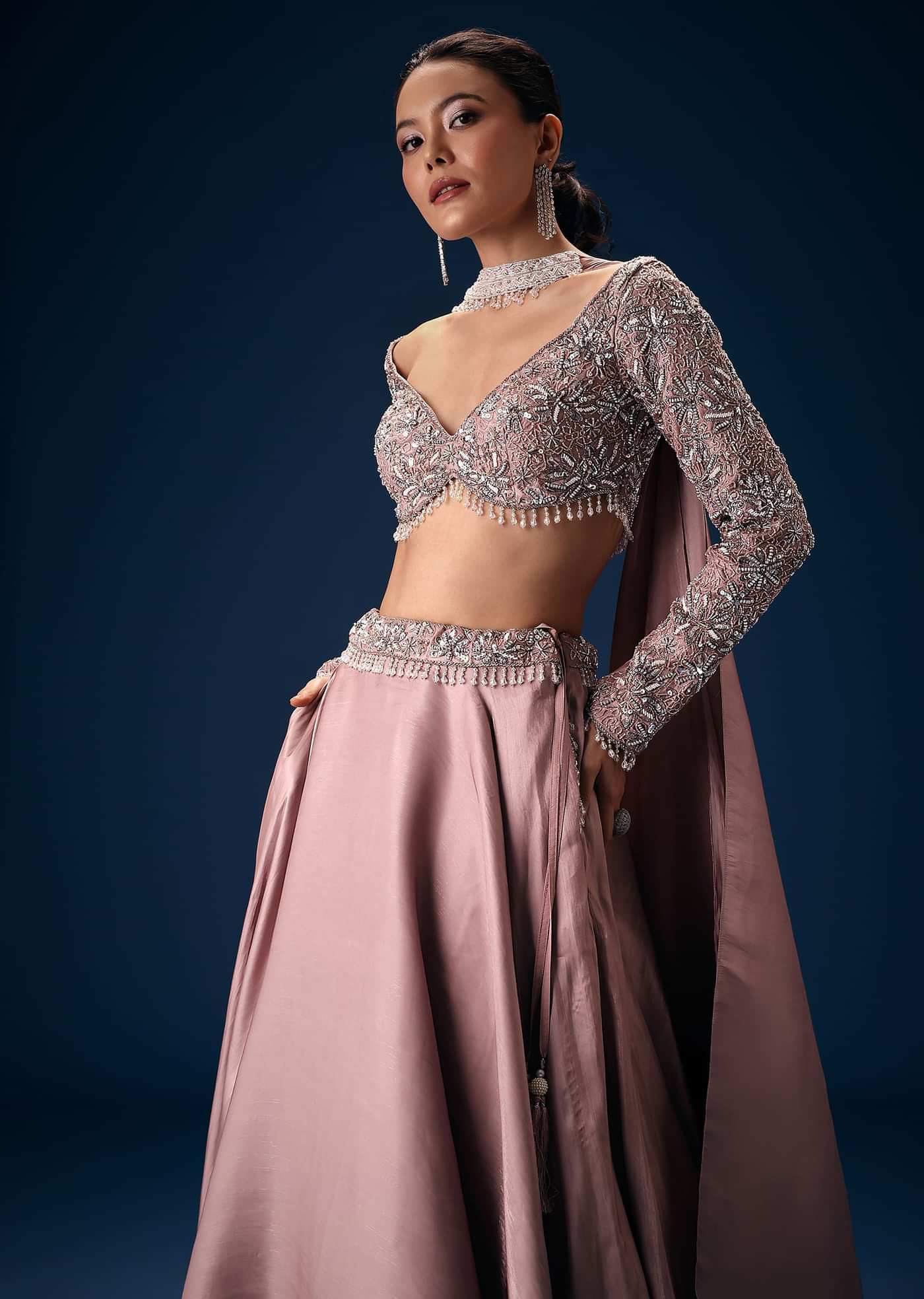 Onion Pink Embroidered Blouse With Lehenga And Choker Dupatta
