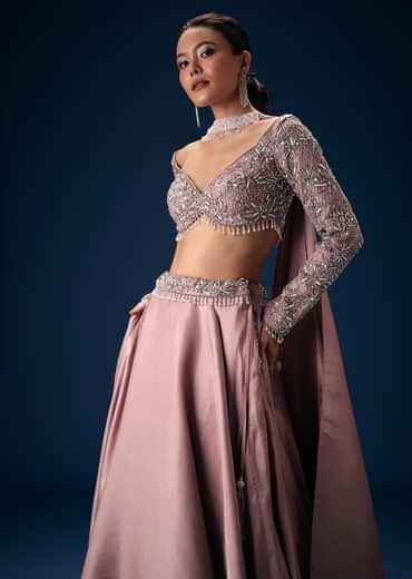 Onion Pink Embroidered Blouse With Lehenga And Choker Dupatta