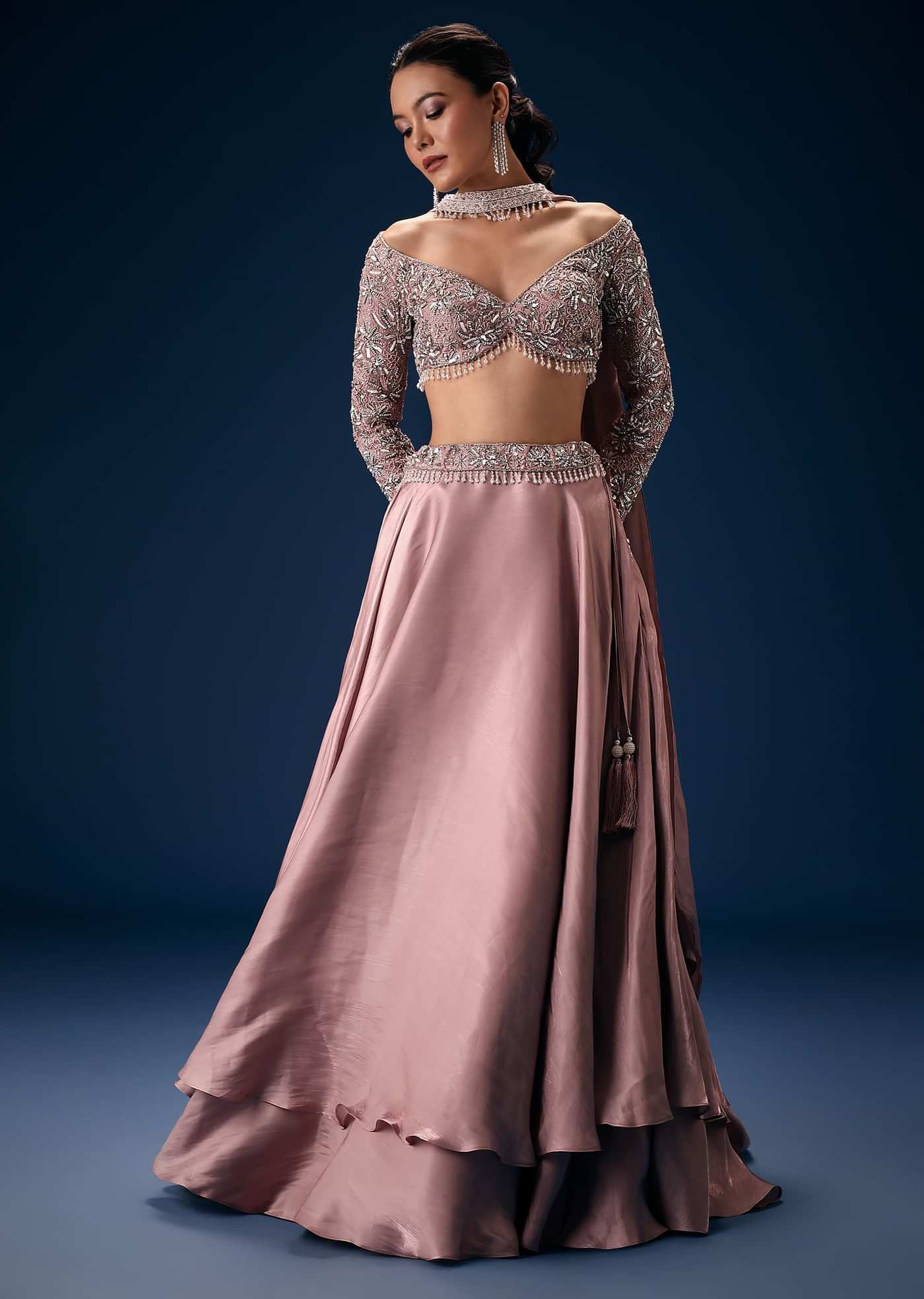 Onion Pink Embroidered Blouse With Lehenga And Choker Dupatta