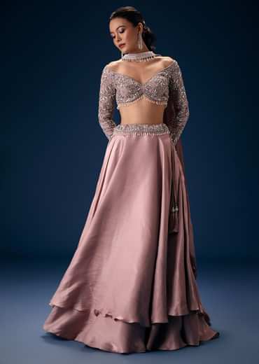 Onion Pink Embroidered Blouse With Lehenga And Choker Dupatta