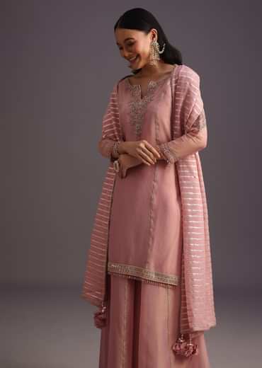 Onion Pink Embroidered Kurti Palazzo Set With Dupatta