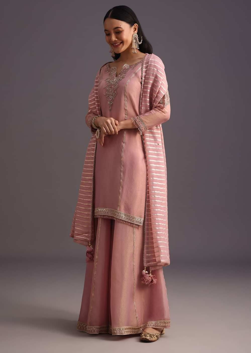 Onion Pink Embroidered Kurti Palazzo Set With Dupatta