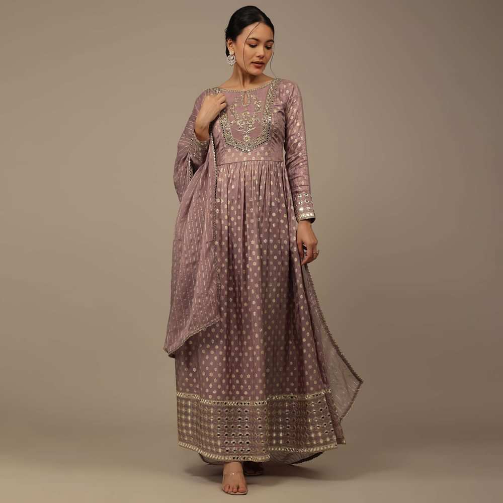 Onion Pink Embroidered Palazzo Suit Set In Banarasi Brocade Silk