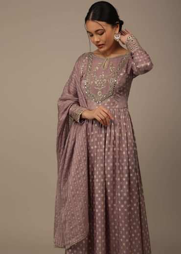 Onion Pink Embroidered Palazzo Suit Set In Banarasi Brocade Silk