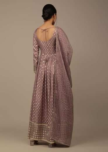 Onion Pink Embroidered Palazzo Suit Set In Banarasi Brocade Silk