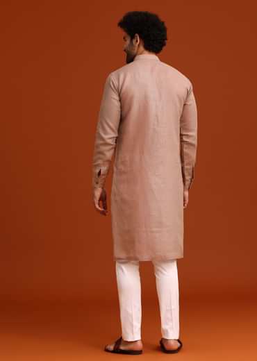 Onion Pink Floral Resham Hand Embroidered Kurta Set In Linen