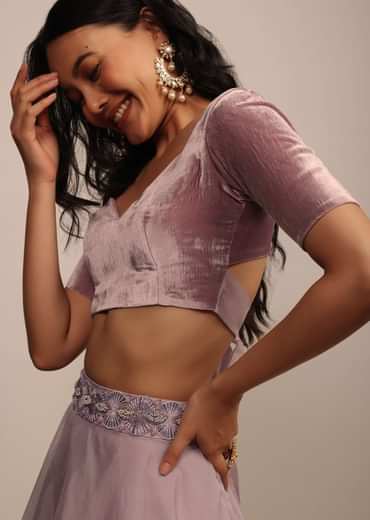 Onion Pink Half Sleeves Blouse in Velvet With Sweetheart Neckline