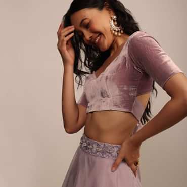 Onion Pink Half Sleeves Blouse in Velvet With Sweetheart Neckline