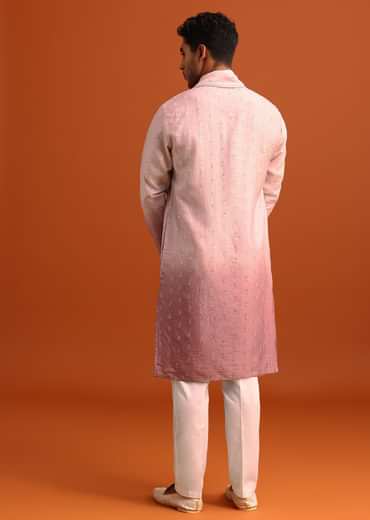 Onion Pink Ombre Kurta Set In Raw Silk With Butti Work