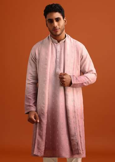 Onion Pink Ombre Kurta Set In Raw Silk With Butti Work