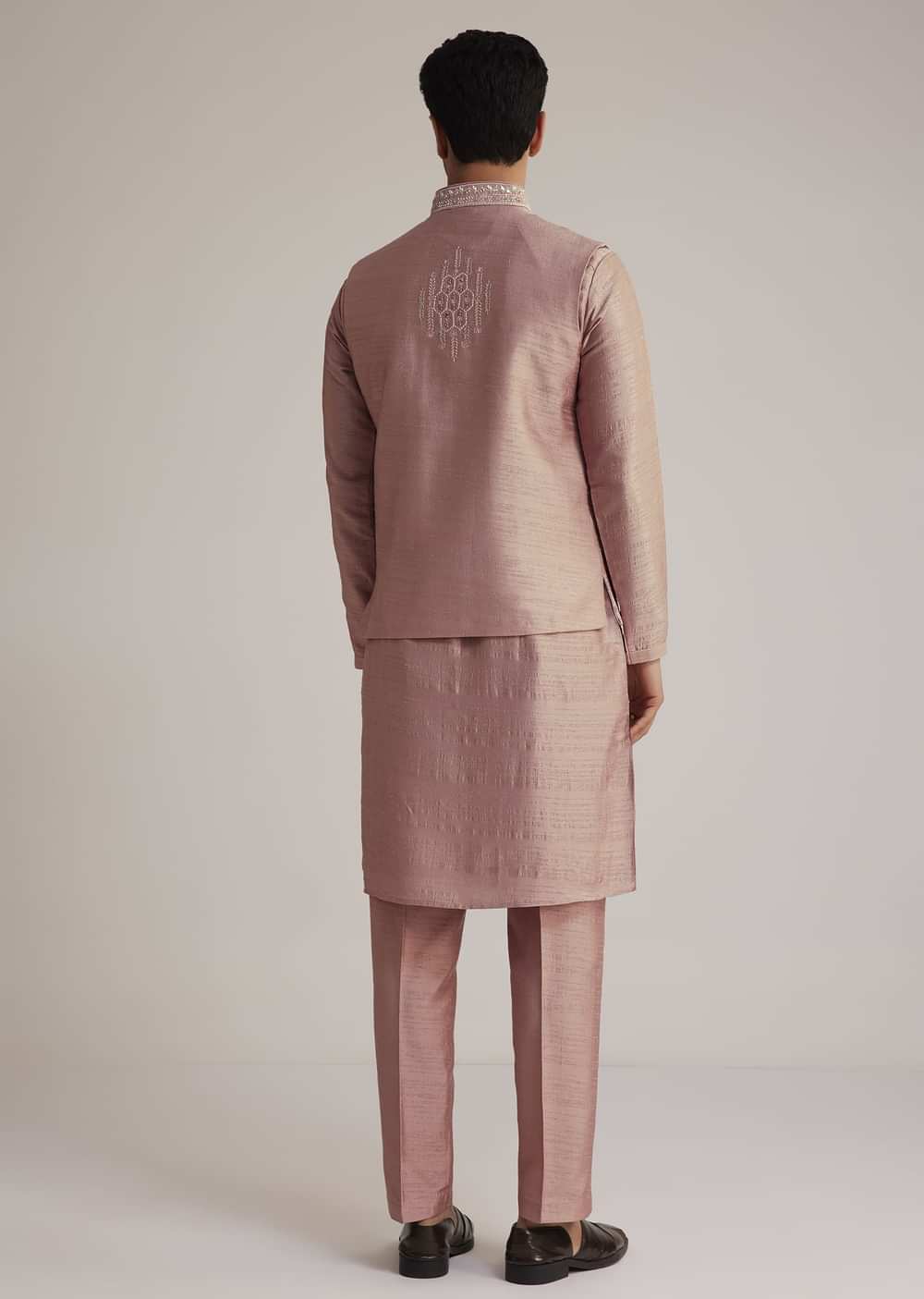 Onion Pink Raw Silk Kurta Set With Embroidered Nehru Jacket