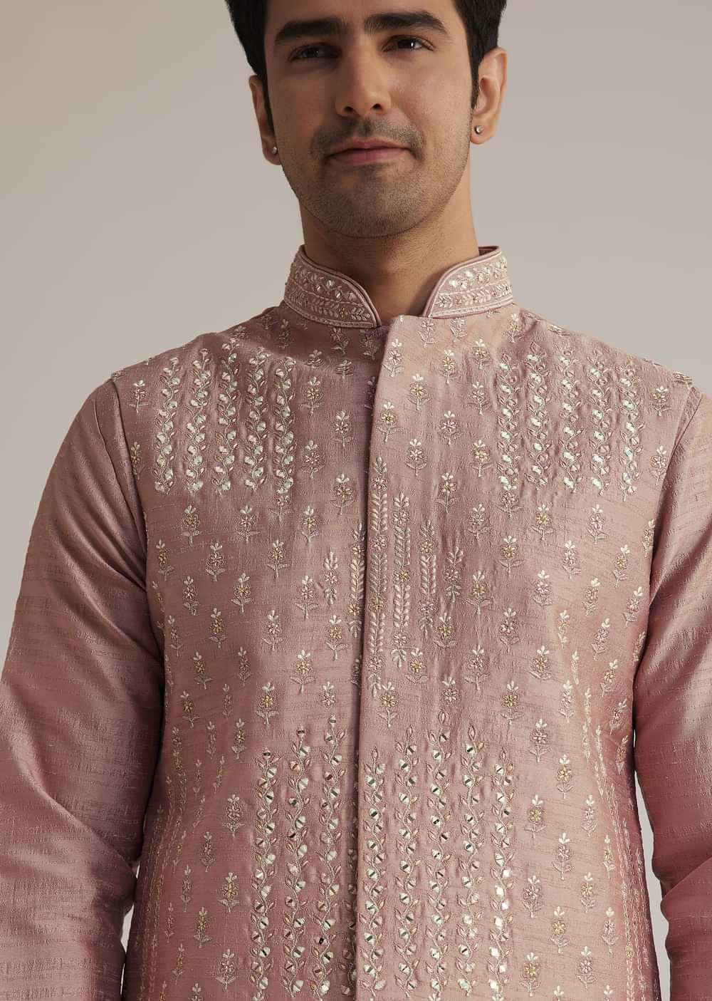 Onion Pink Raw Silk Kurta Set With Embroidered Nehru Jacket