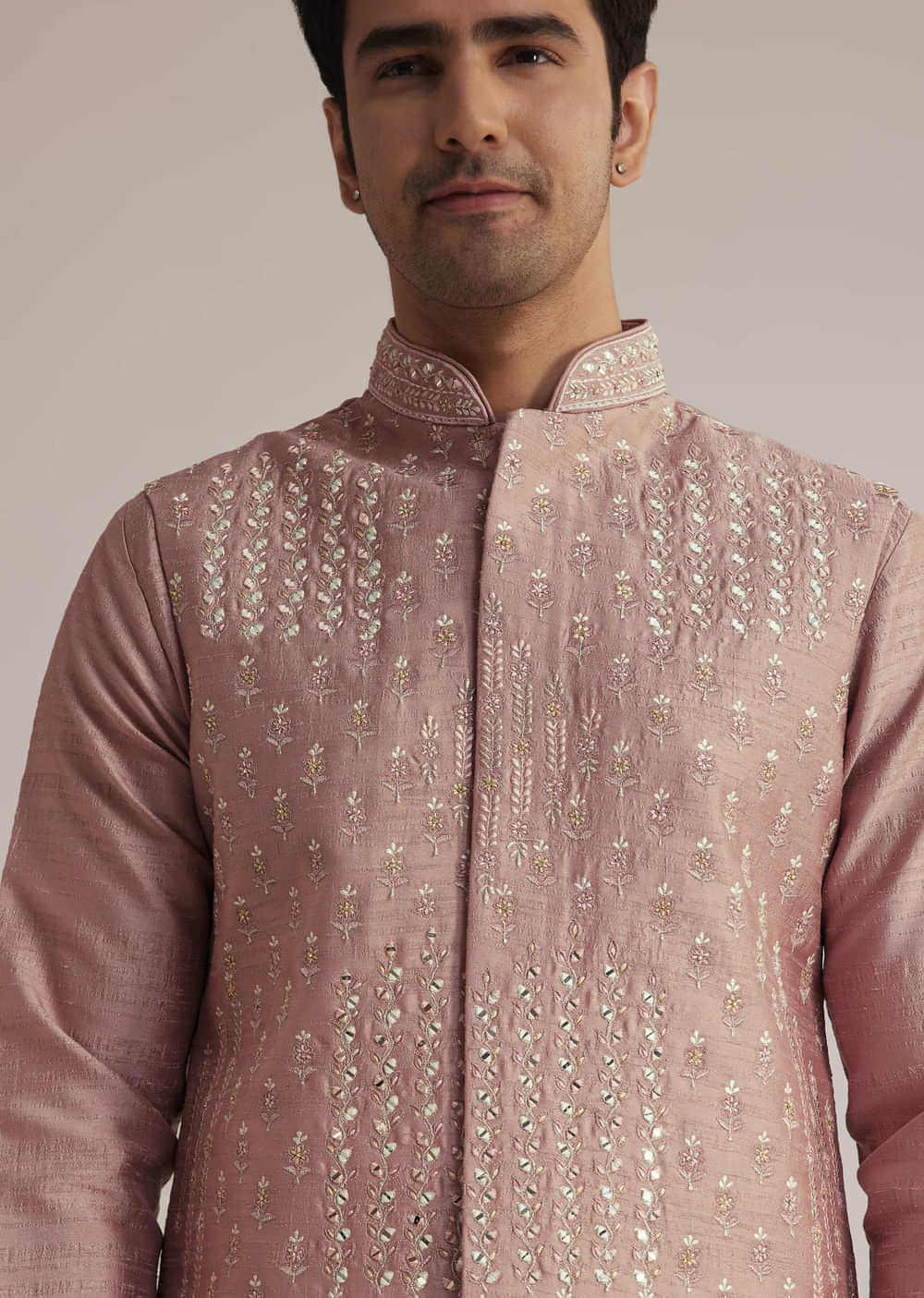 Onion Pink Raw Silk Kurta Set With Embroidered Nehru Jacket