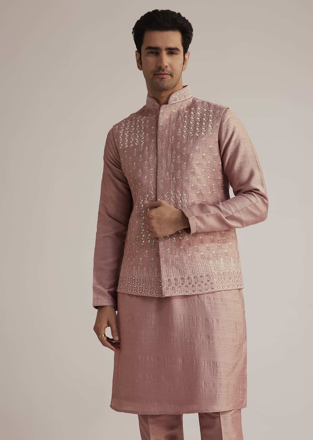 Onion Pink Raw Silk Kurta Set With Embroidered Nehru Jacket