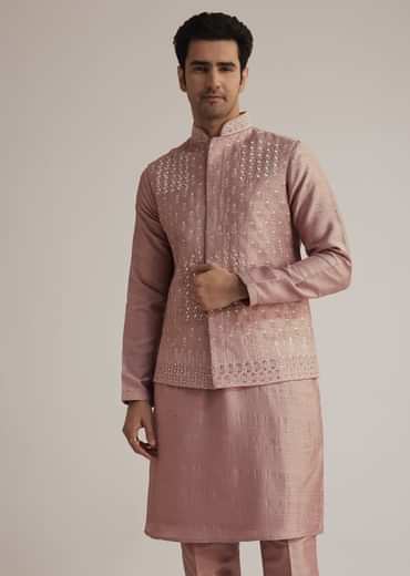 Onion Pink Raw Silk Kurta Set With Embroidered Nehru Jacket