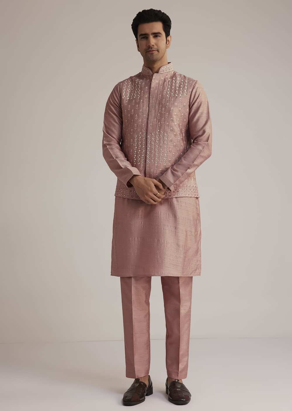Onion Pink Raw Silk Kurta Set With Embroidered Nehru Jacket