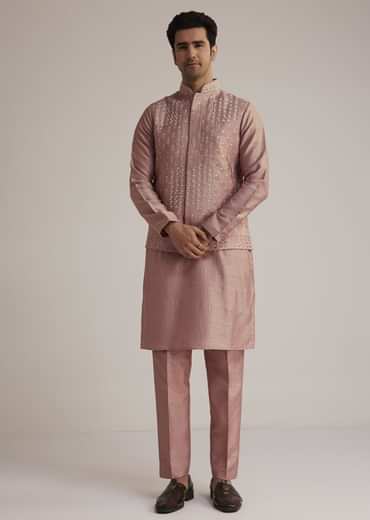 Onion Pink Raw Silk Kurta Set With Embroidered Nehru Jacket