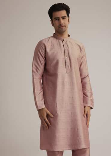 Onion Pink Raw Silk Kurta Set With Embroidered Nehru Jacket