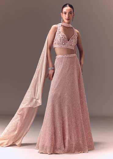 Onion Pink Sequin Embellished Lehenga Set With Choker Dupatta