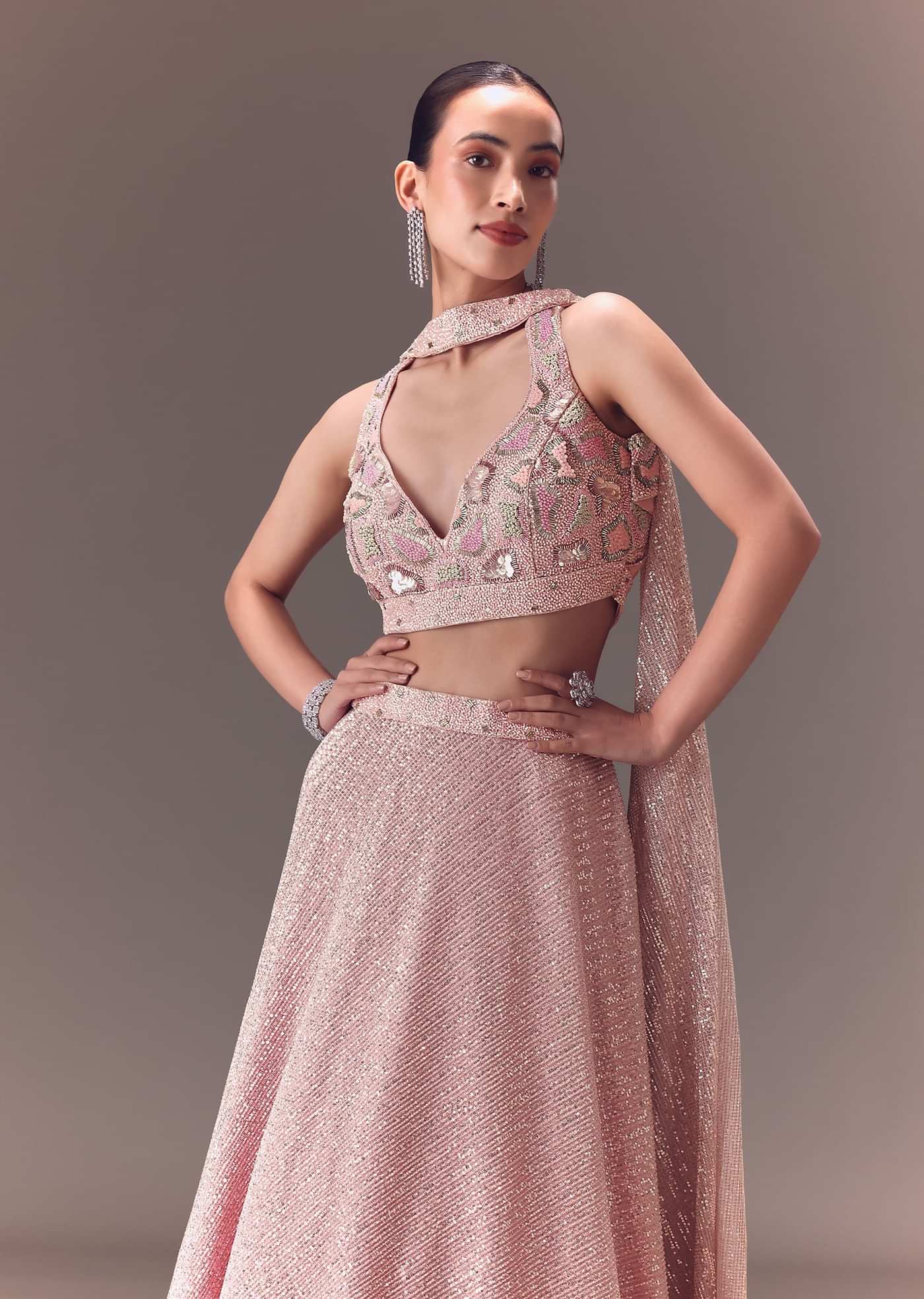 Onion Pink Sequin Embellished Lehenga Set With Choker Dupatta