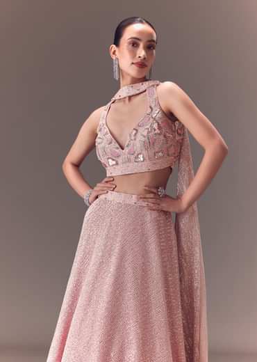Onion Pink Sequin Embellished Lehenga Set With Choker Dupatta