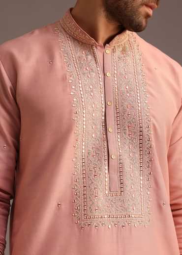Onion Pink SIlk Kurta And Pant Set With Embroidered Yoke