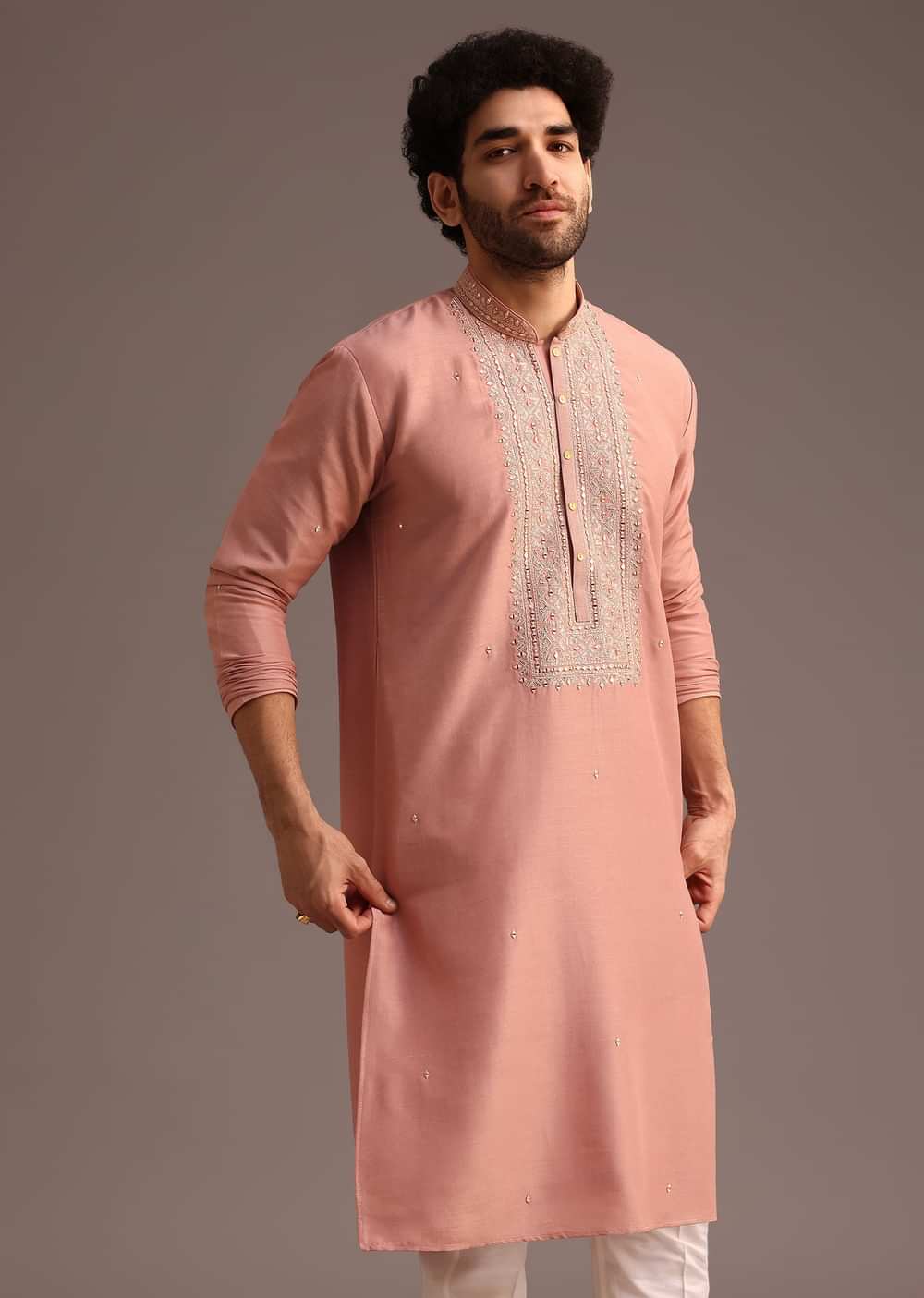 Onion Pink SIlk Kurta And Pant Set With Embroidered Yoke