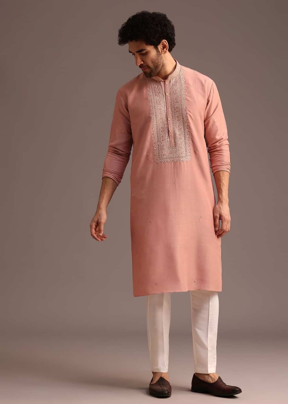 Onion Pink SIlk Kurta And Pant Set With Embroidered Yoke